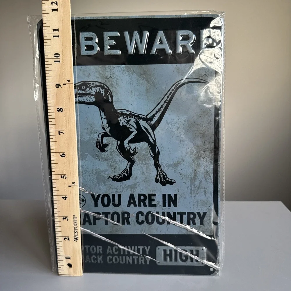 Jurassic Park Metal Sign Beware Raptor Country Wall Decor Textured 11.75
